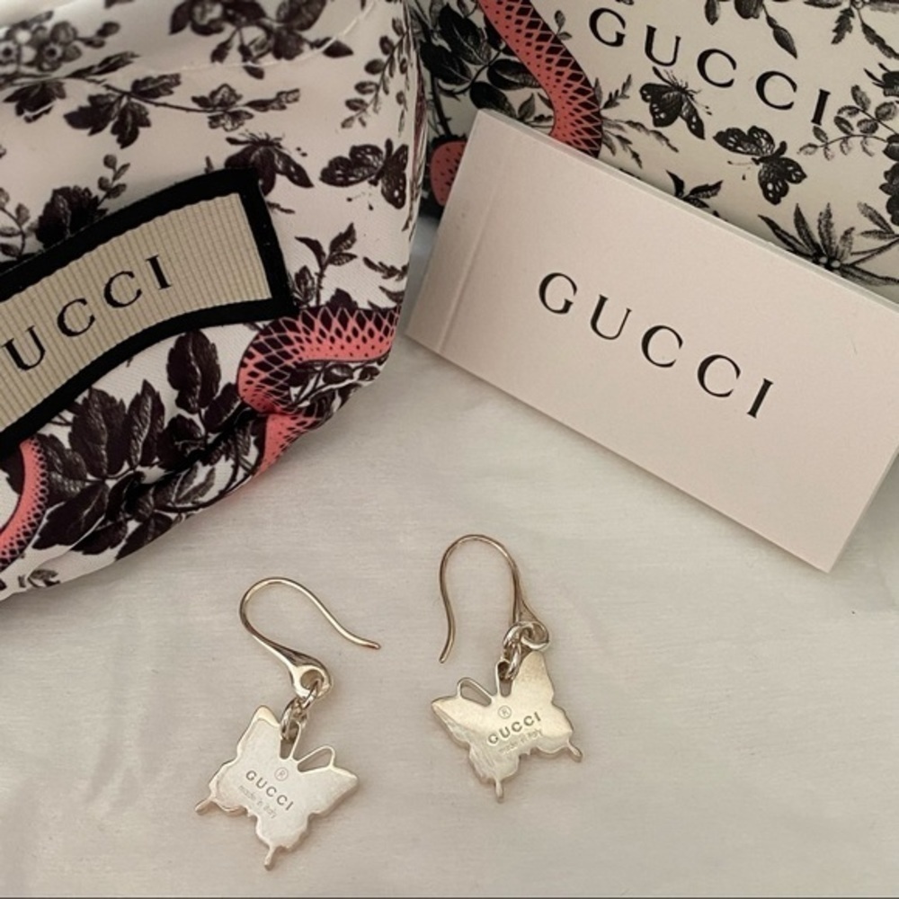Gucci Luxury Designer Earrings 925 Sterling Silver Butterfly Drop NEW - Picture 2 of 10